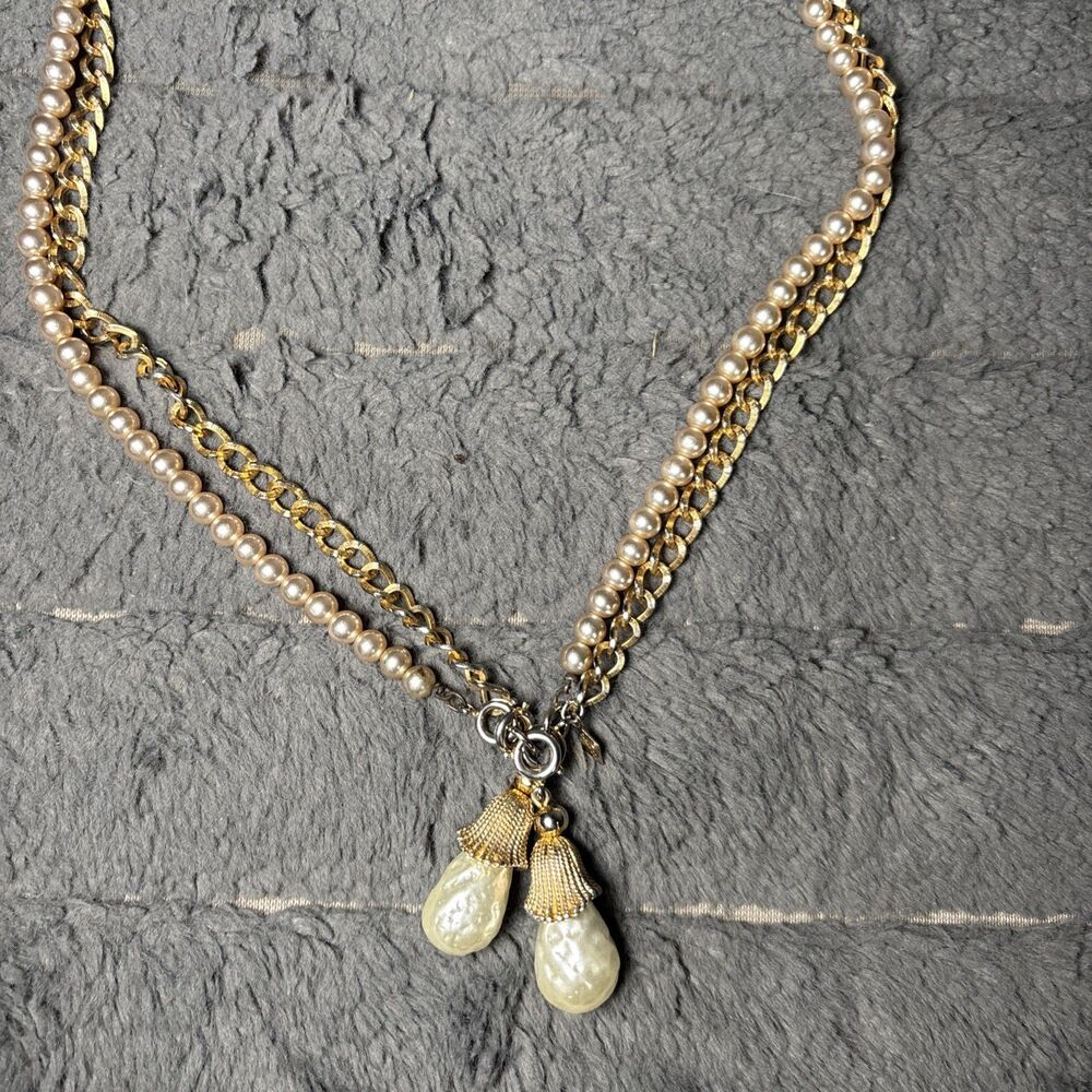 VTG SARAH COVENTRY Signed Baroque Faux Pearl Gold Tone Double Chain Necklace 30" - Picture 6 of 6